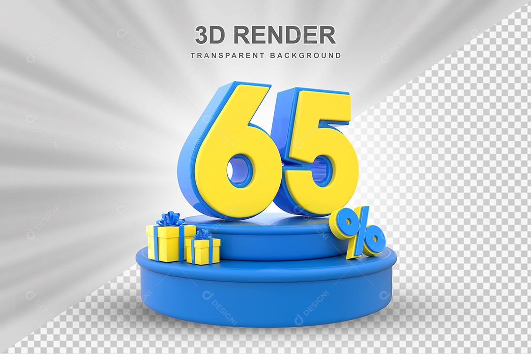 Pódio de Desconto 65% Azul e Amarelo Elemento 3D para Composição PSD