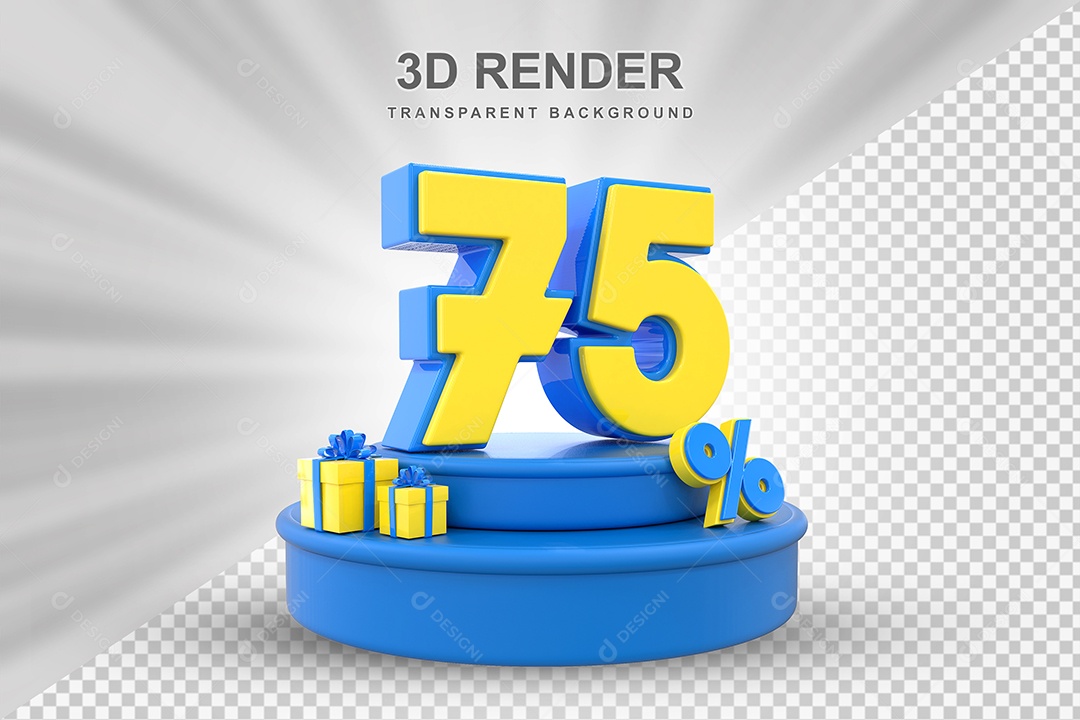 Pódio de Desconto 75% Azul e Amarelo Elemento 3D para Composição PSD