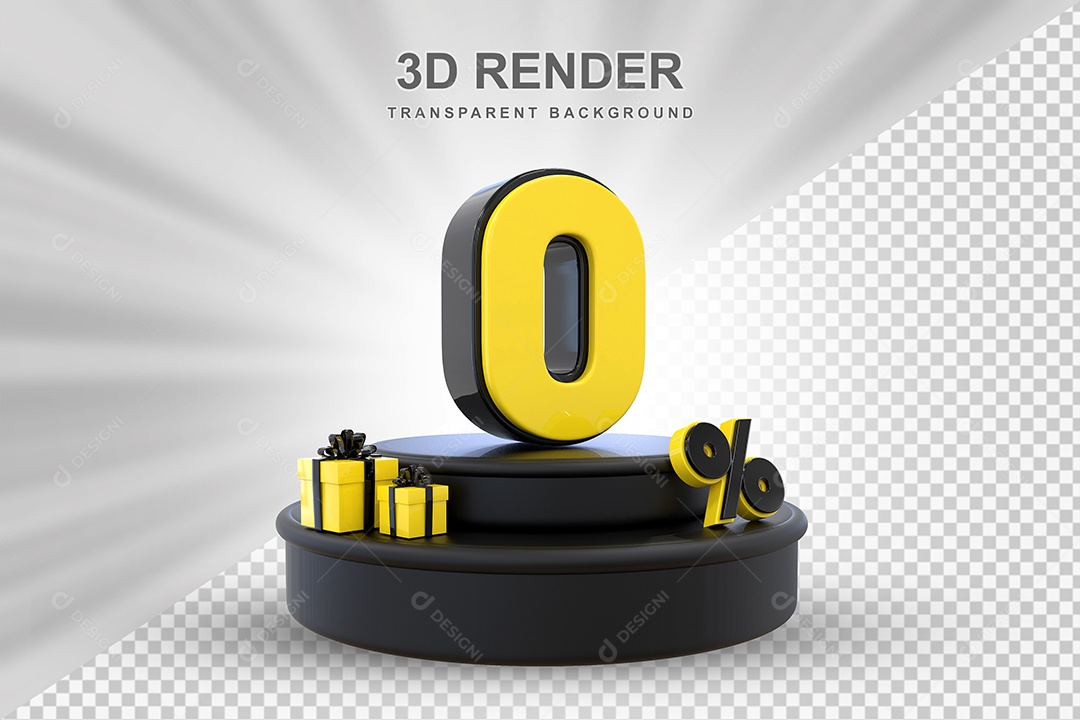 Pódio de Desconto 0% Preto e Amarelo Elemento 3D para Composição PSD