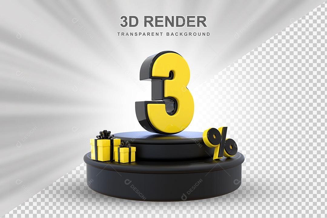 Pódio de Desconto 3% Preto e Amarelo Elemento 3D para Composição PSD