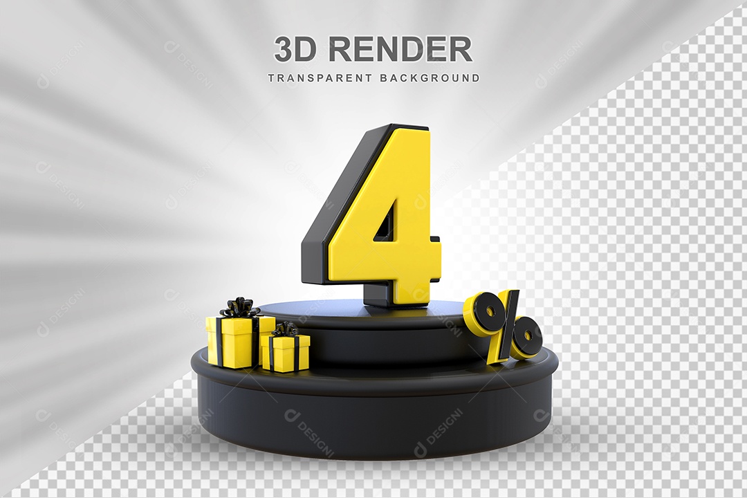 Pódio de Desconto 4% Preto e Amarelo Elemento 3D para Composição PSD