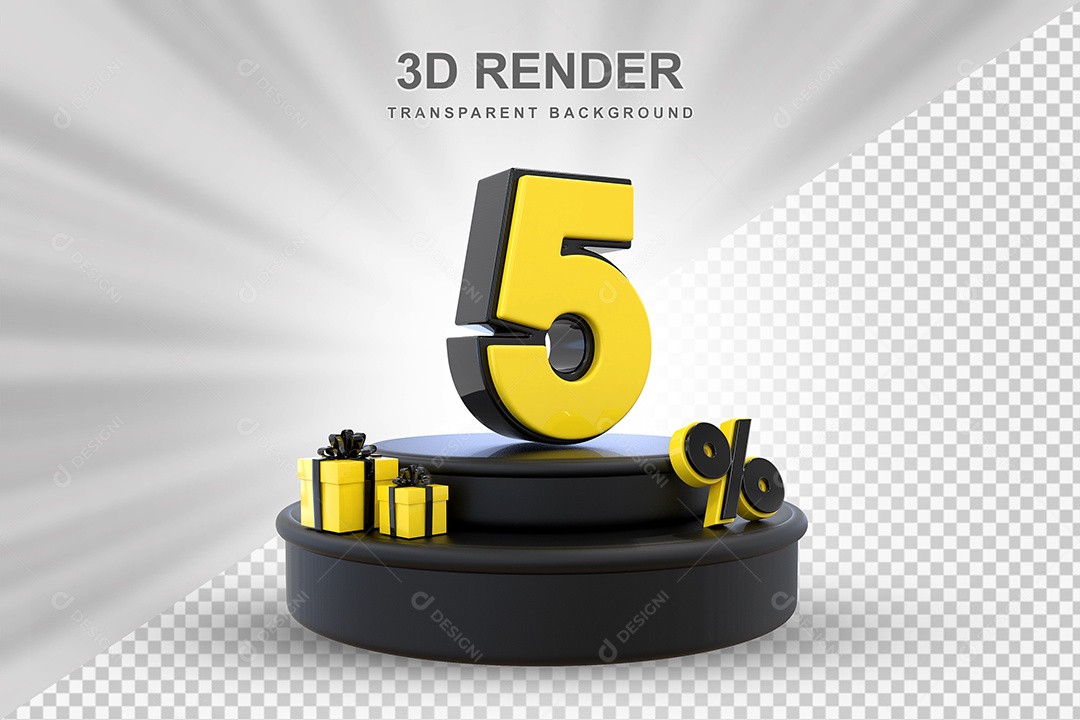 Pódio de Desconto 5% Preto e Amarelo Elemento 3D para Composição PSD