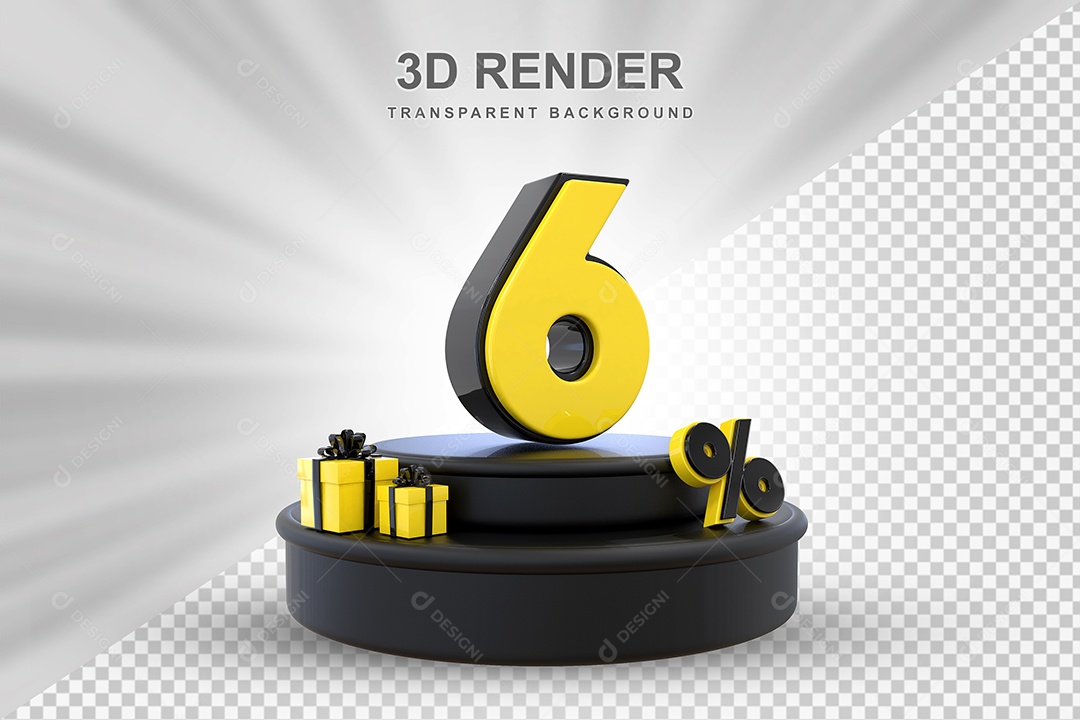 Pódio de Desconto 6% Preto e Amarelo Elemento 3D para Composição PSD