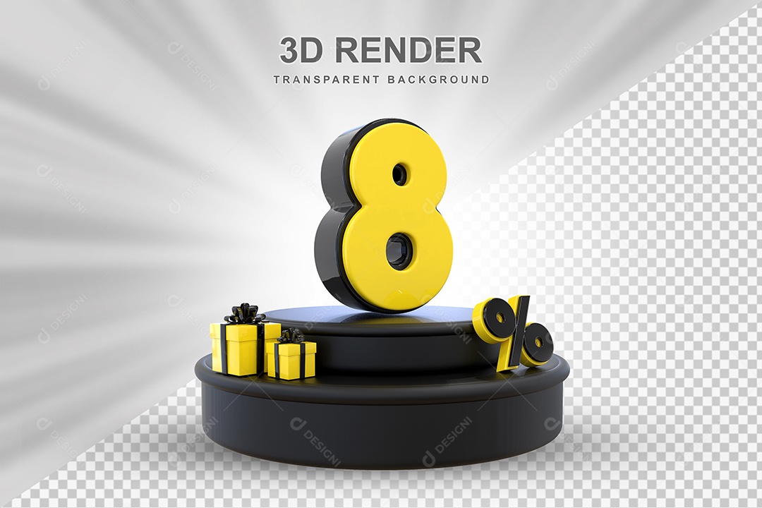 Pódio de Desconto 8% Preto e Amarelo Elemento 3D para Composição PSD