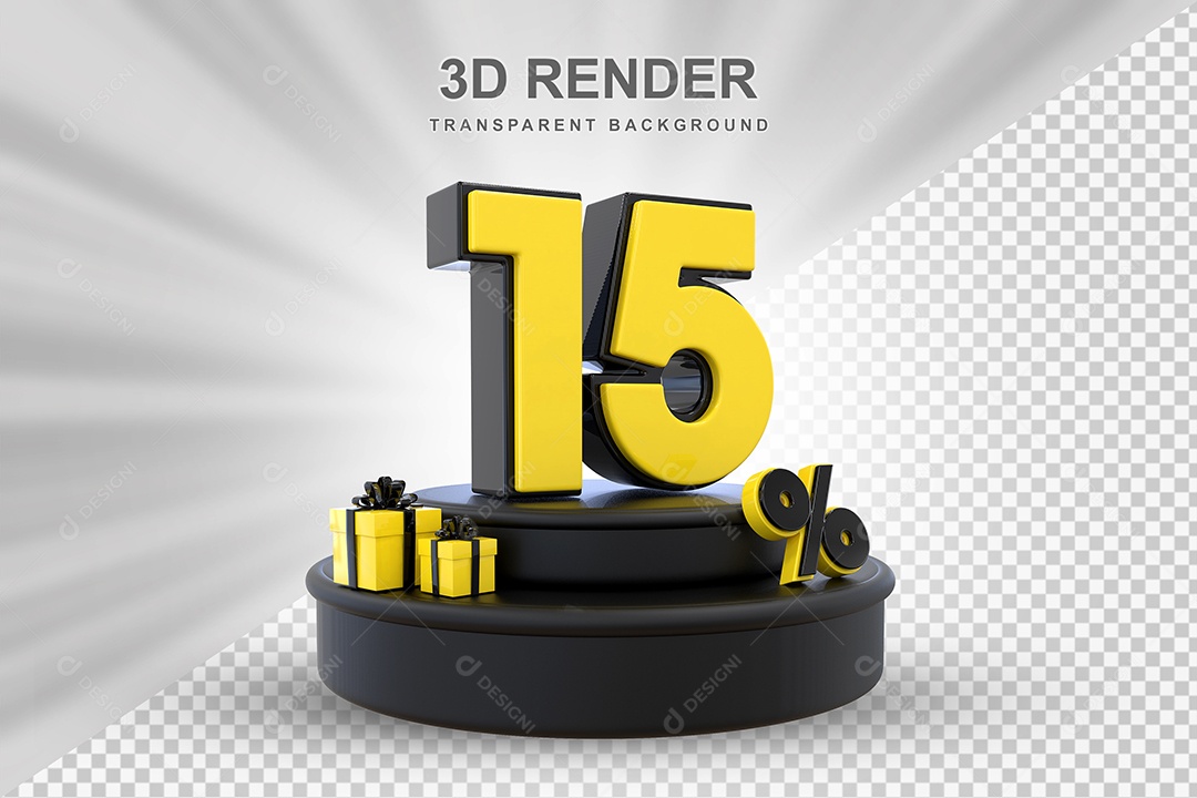 Pódio de Desconto 15% Preto e Amarelo Elemento 3D para Composição PSD