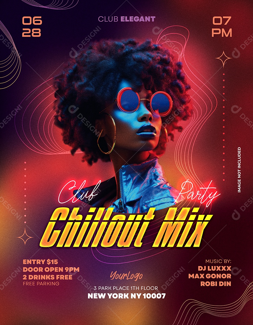 Flyer De Festa Em Clube Com Estilo Retrô Futurista E Modelo Feminina Em Tons Neon PSD Editável