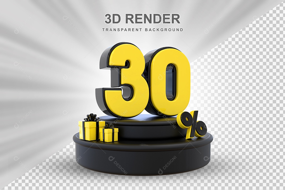 Pódio de Desconto 30% Preto e Amarelo Elemento 3D para Composição PSD