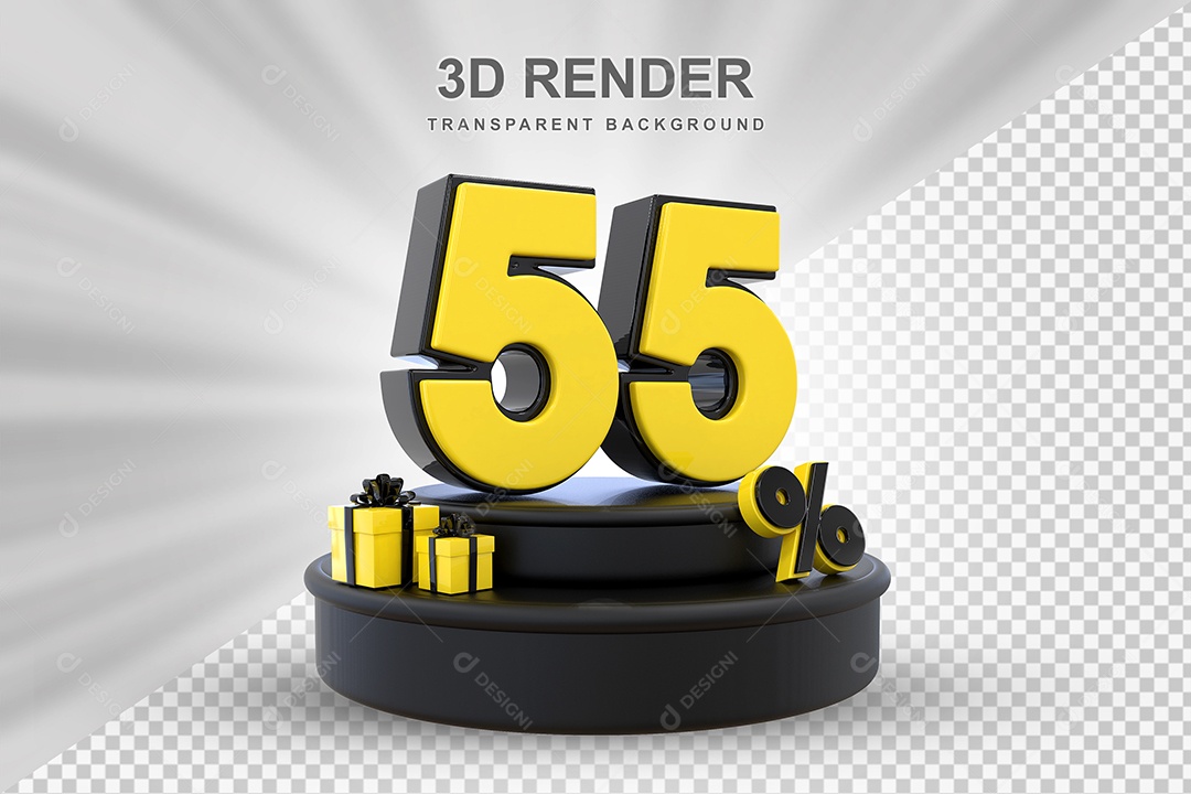 Pódio de Desconto 55% Preto e Amarelo Elemento 3D para Composição PSD