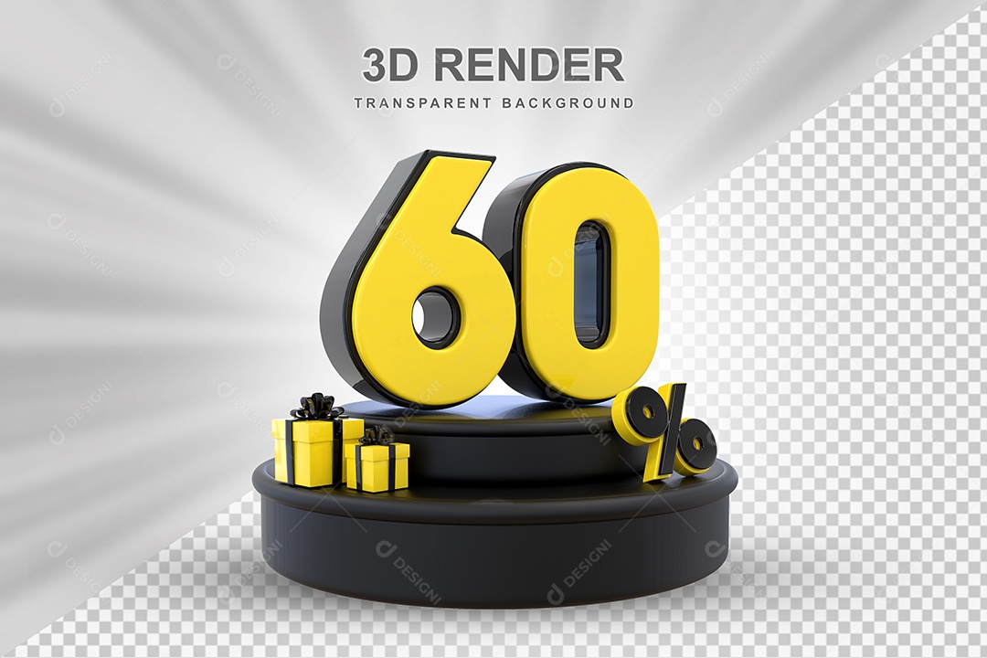 Pódio de Desconto 60% Preto e Amarelo Elemento 3D para Composição PSD
