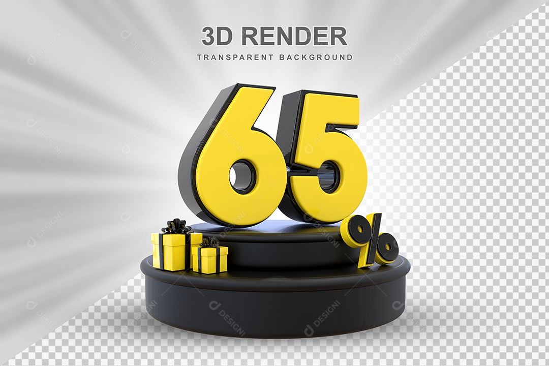 Pódio de Desconto 65% Preto e Amarelo Elemento 3D para Composição PSD