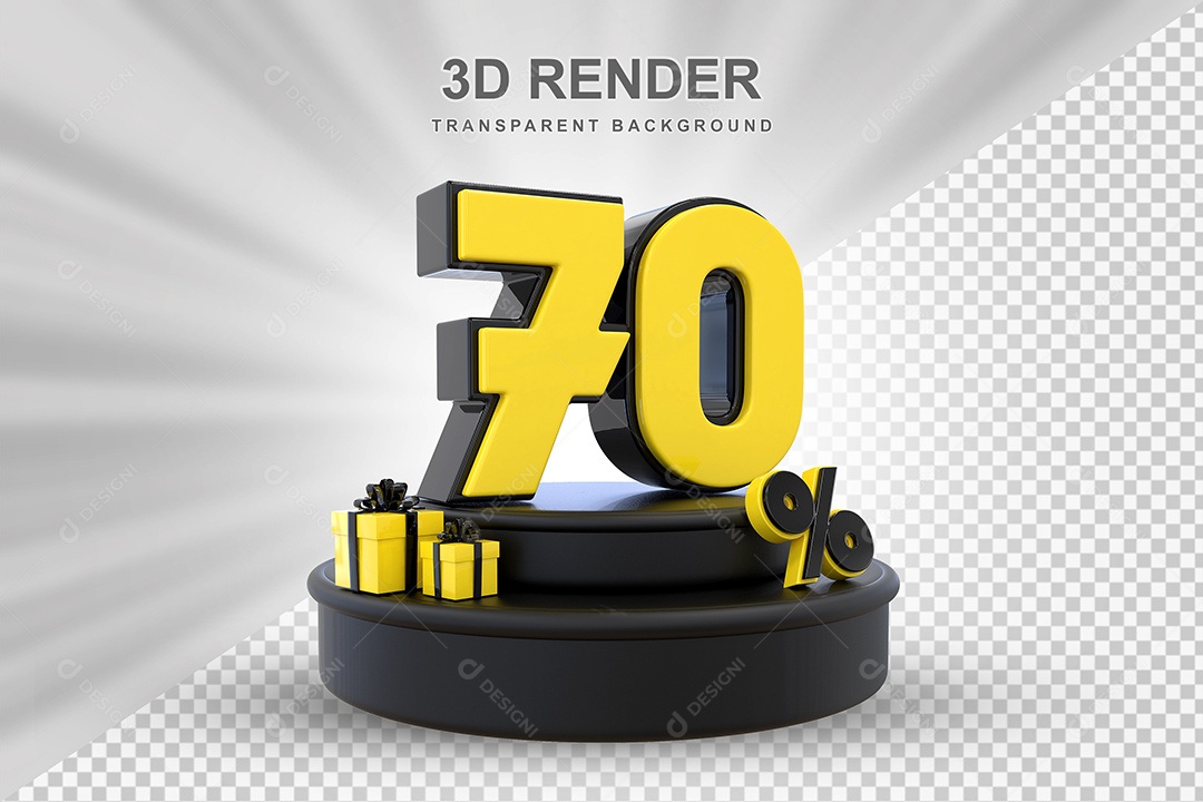 Pódio de Desconto 70% Preto e Amarelo Elemento 3D para Composição PSD