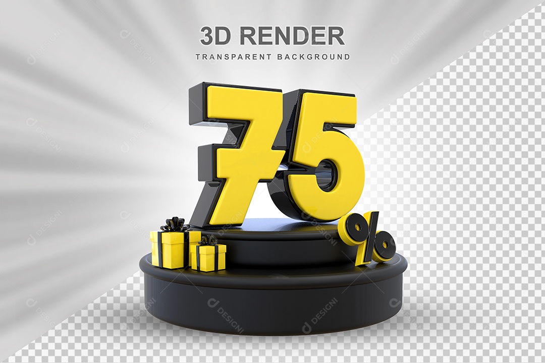 Pódio de Desconto 75% Preto e Amarelo Elemento 3D para Composição PSD