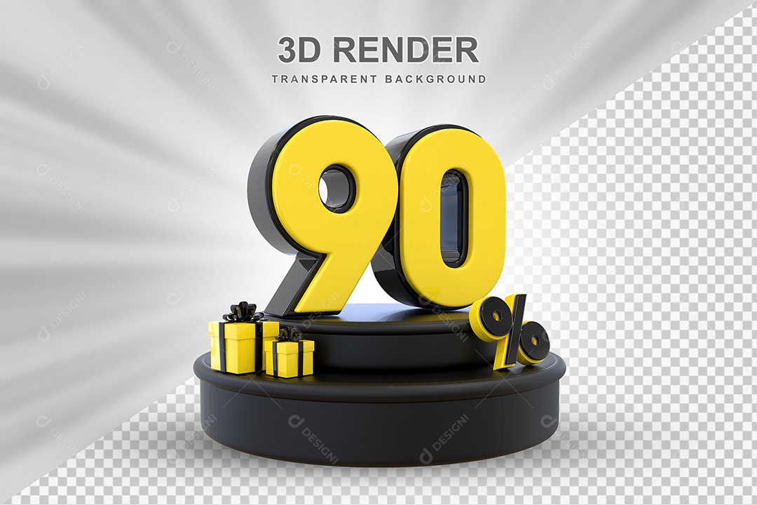 Pódio de Desconto 90% Preto e Amarelo Elemento 3D para Composição PSD