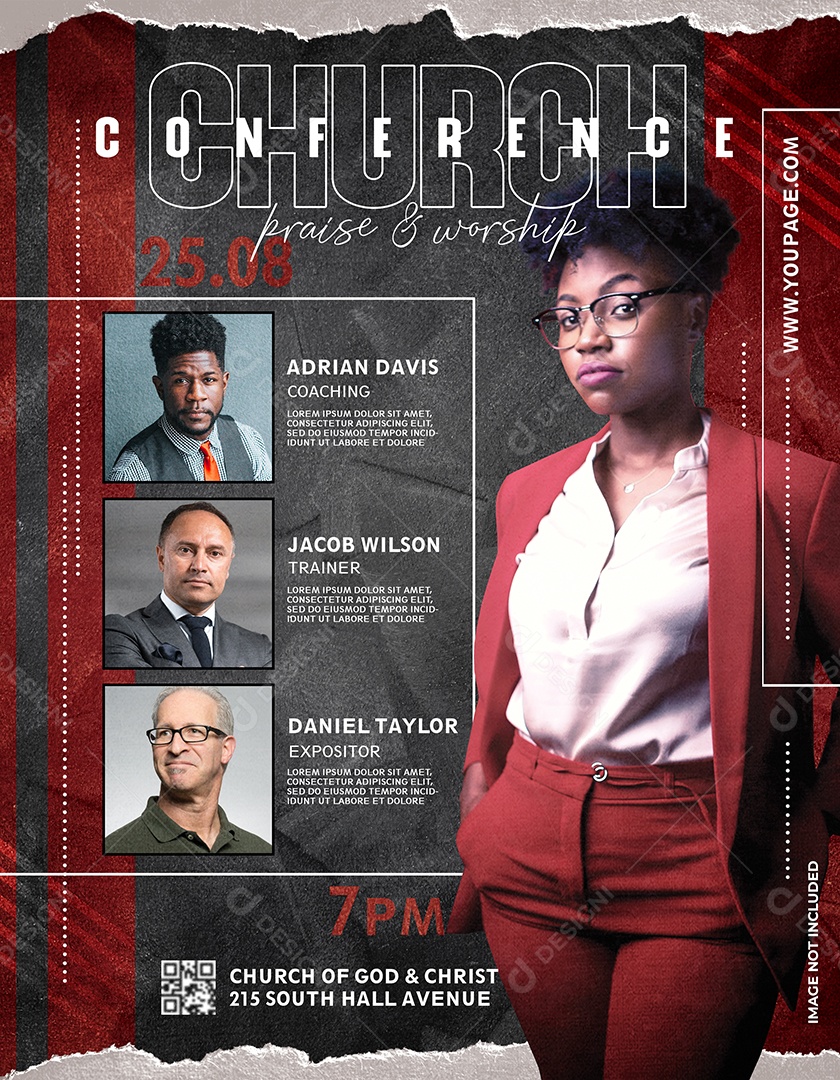 Flyer De Conferência Cristã Com Palestrantes E Estilo Moderno Em Tons Escuros PSD Editável