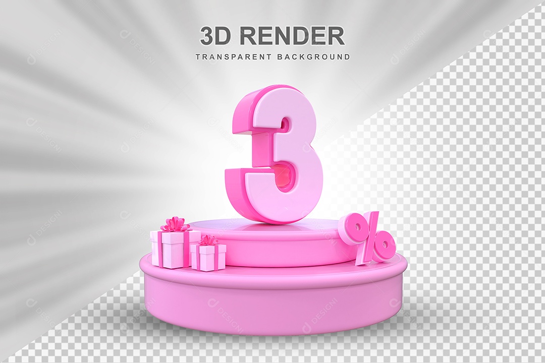 Pódio de Desconto 3% Rosa Elemento 3D para Composição PSD