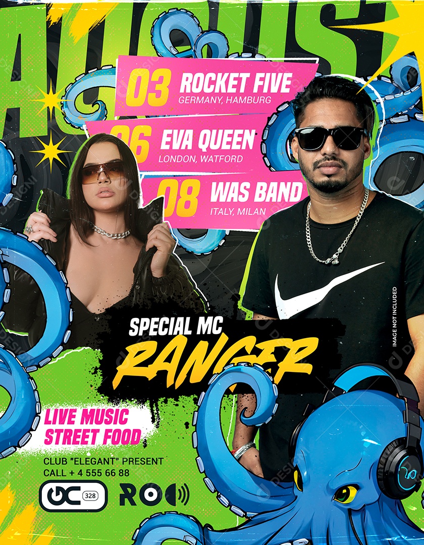 Flyer De Festa Em Clube Com Tema Colorido Jovem E Destaque Para Artistas Convidados PSD Editável