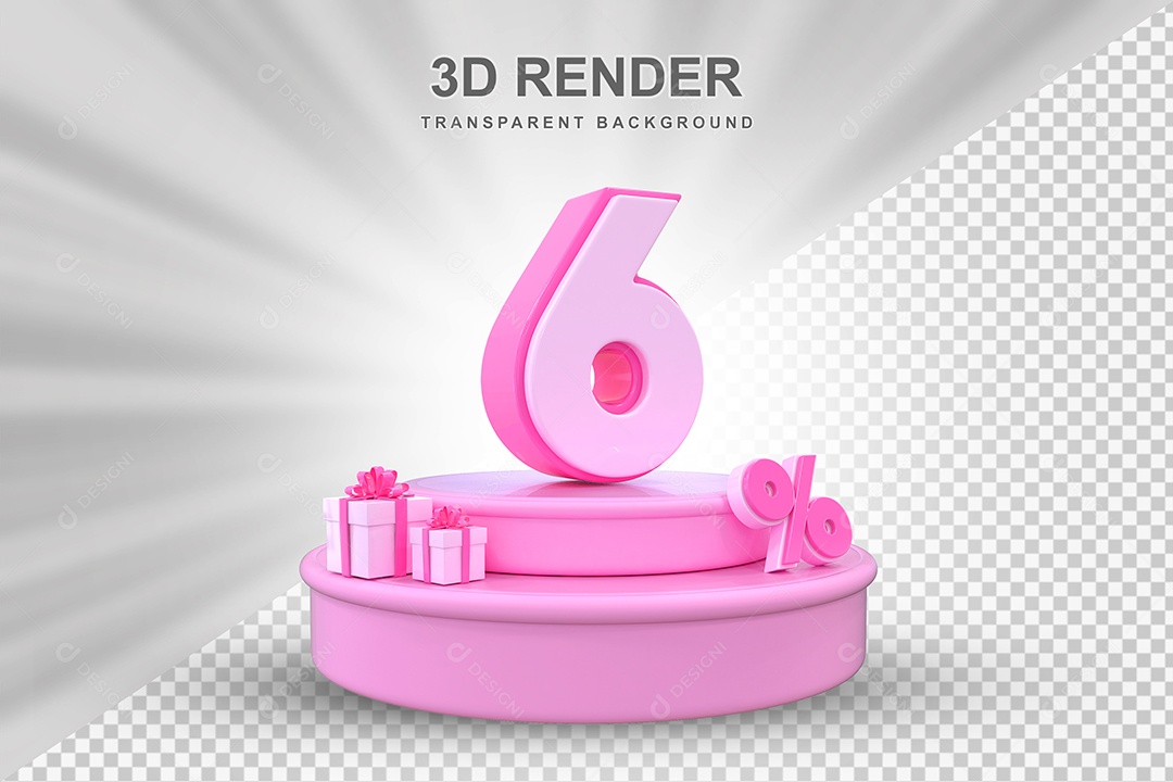 Pódio de Desconto 6% Rosa Elemento 3D para Composição PSD