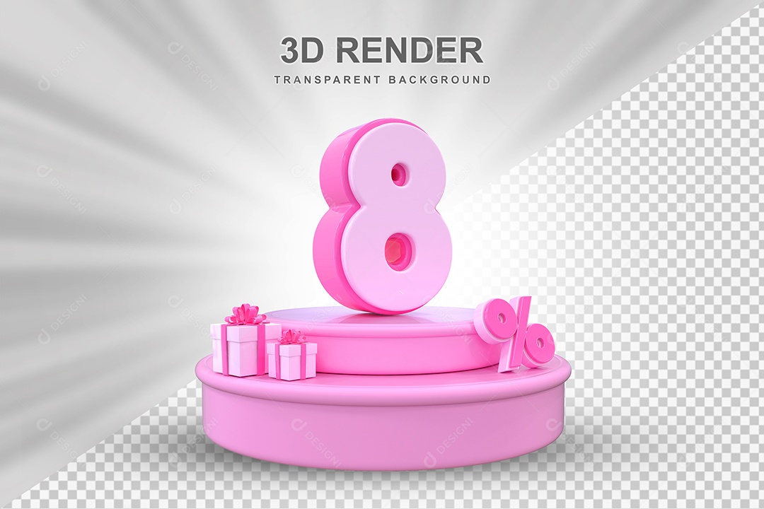 Pódio de Desconto 8% Rosa Elemento 3D para Composição PSD