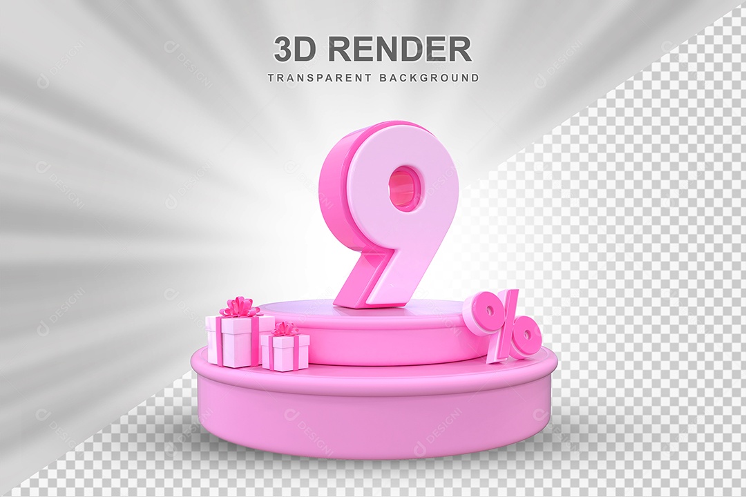 Pódio de Desconto 9% Rosa Elemento 3D para Composição PSD