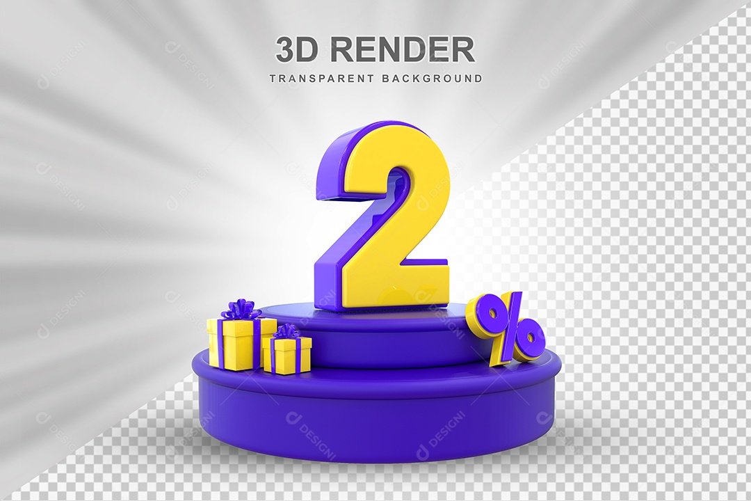 Pódio de Desconto 2% Roxo e Amarelo Elemento 3D para Composição PSD