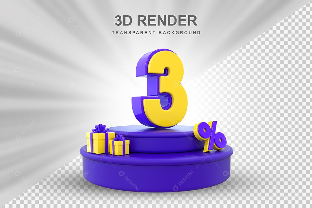 Pódio de Desconto 3% Roxo e Amarelo Elemento 3D para Composição PSD