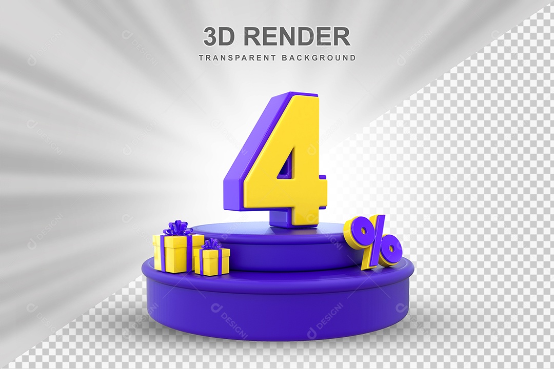 Pódio de Desconto 4% Roxo e Amarelo Elemento 3D para Composição PSD