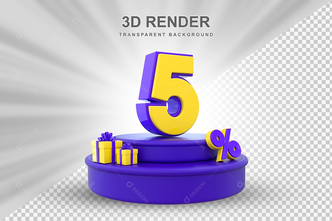 Pódio de Desconto 5% Roxo e Amarelo Elemento 3D para Composição PSD