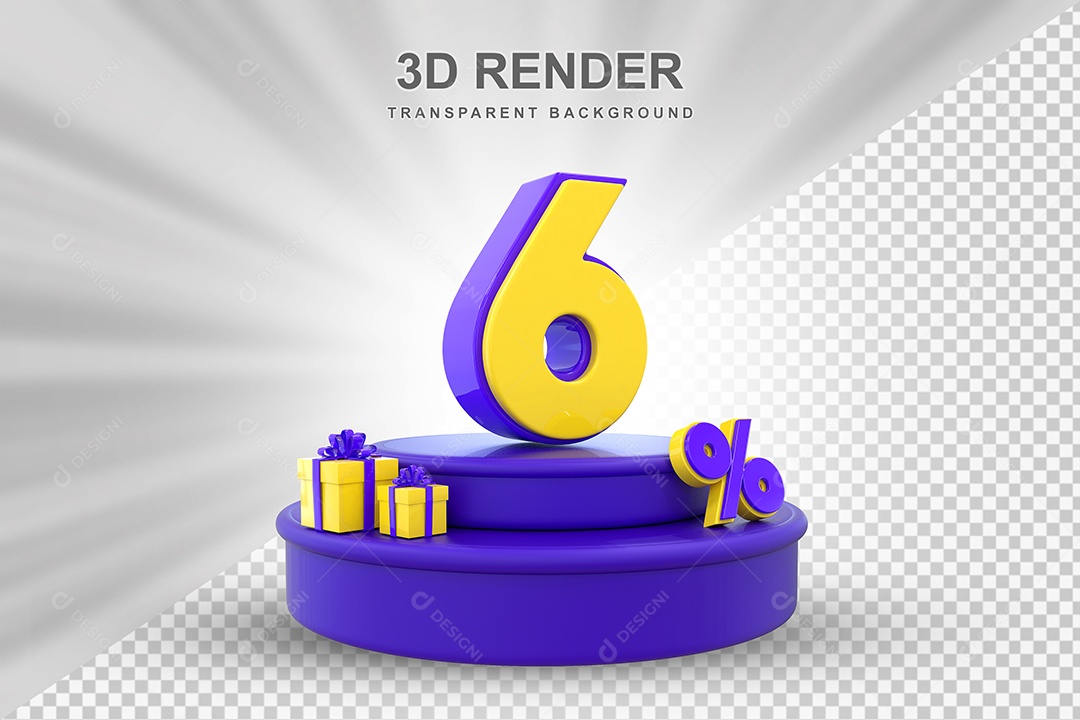 Pódio de Desconto 6% Roxo e Amarelo Elemento 3D para Composição PSD