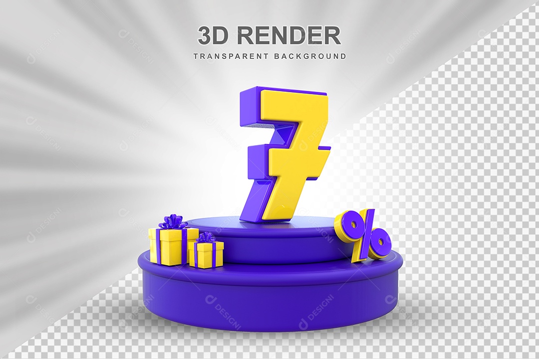 Pódio de Desconto 7% Roxo e Amarelo Elemento 3D para Composição PSD