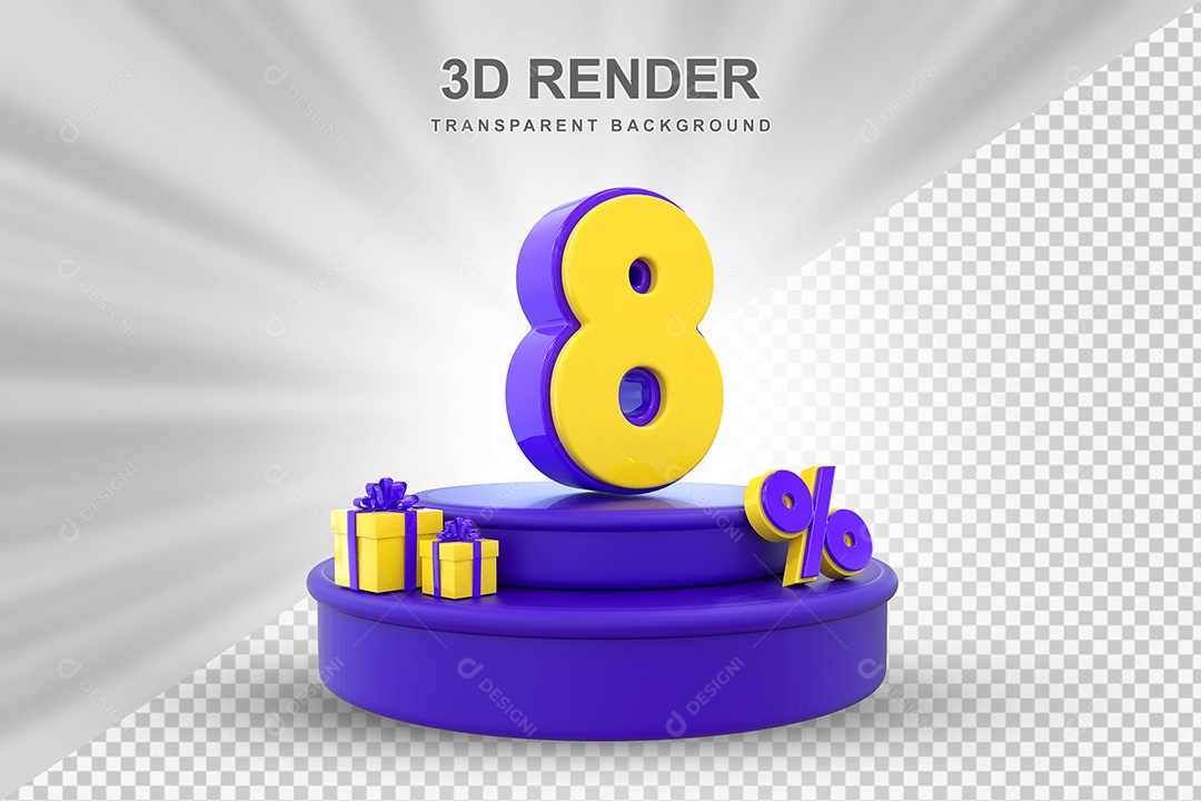 Pódio de Desconto 8% Roxo e Amarelo Elemento 3D para Composição PSD