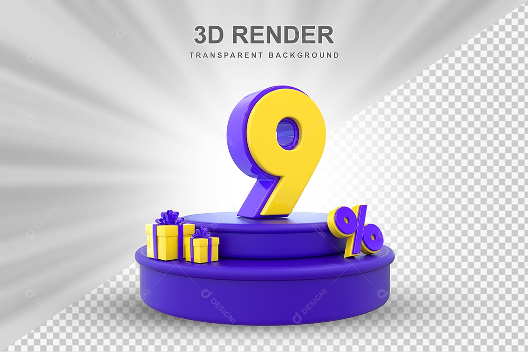 Pódio de Desconto 9% Roxo e Amarelo Elemento 3D para Composição PSD