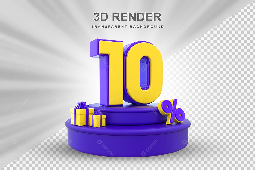 Pódio de Desconto 10% Roxo e Amarelo Elemento 3D para Composição PSD