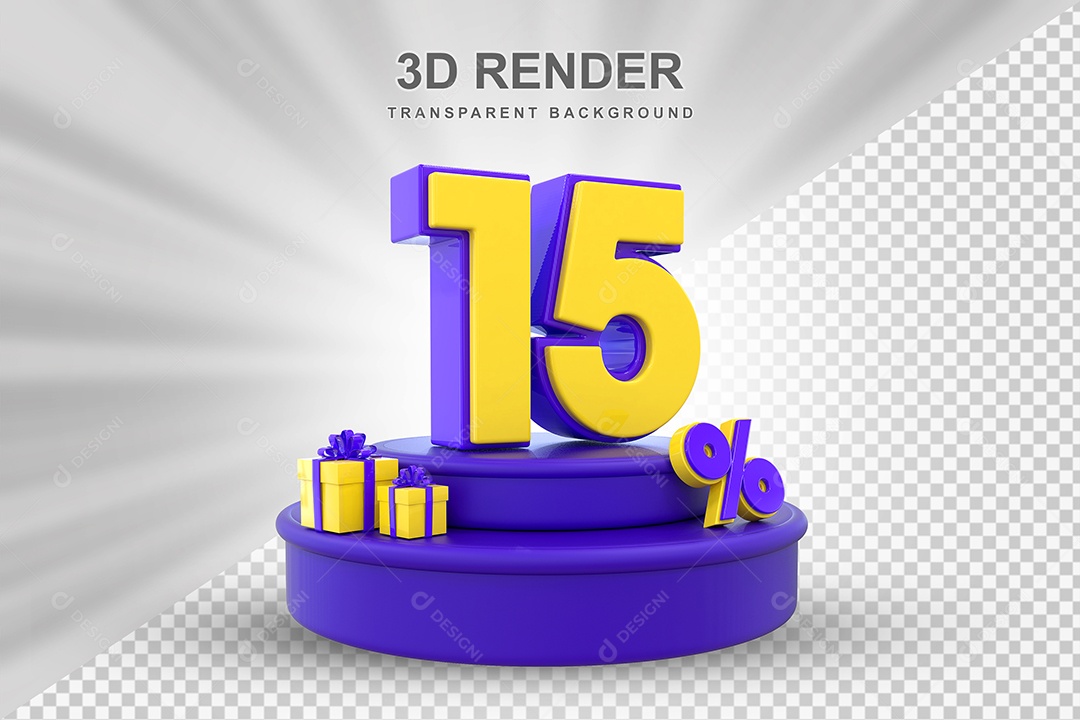 Pódio de Desconto 15% Roxo e Amarelo Elemento 3D para Composição PSD