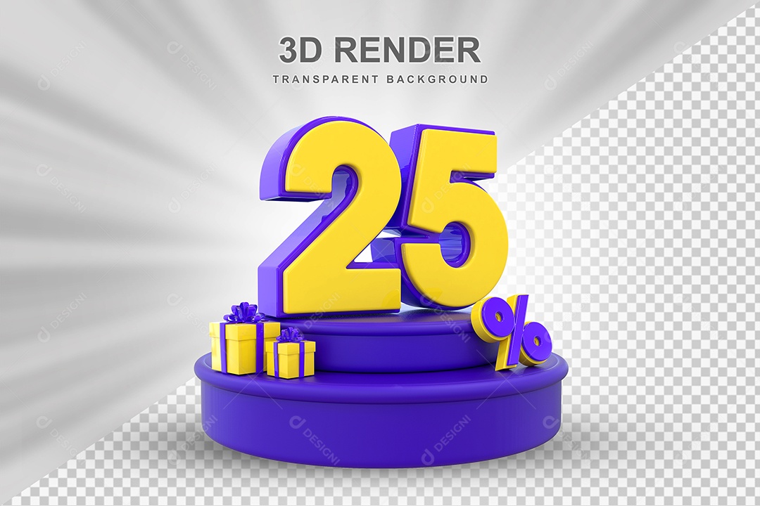 Pódio de Desconto 25% Roxo e Amarelo Elemento 3D para Composição PSD