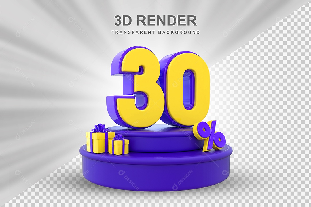 Pódio de Desconto 30% Roxo e Amarelo Elemento 3D para Composição PSD