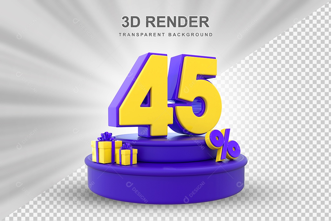 Pódio de Desconto 45% Roxo e Amarelo Elemento 3D para Composição PSD