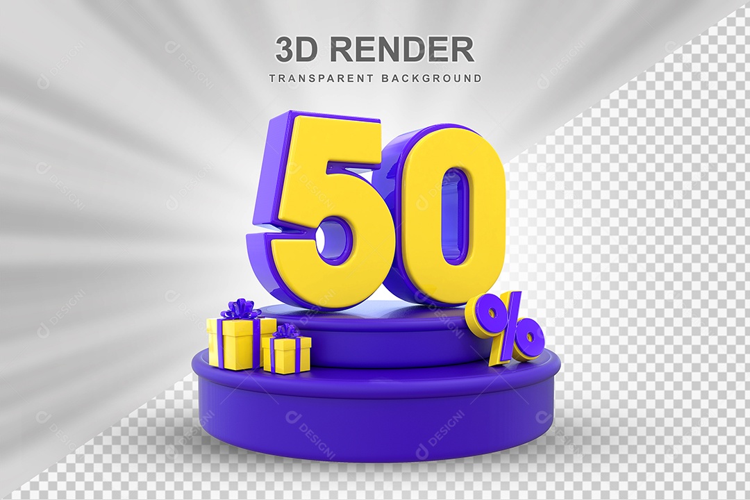 Pódio de Desconto 50% Roxo e Amarelo Elemento 3D para Composição PSD