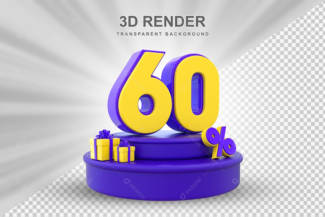 Pódio de Desconto 60% Roxo e Amarelo Elemento 3D para Composição PSD