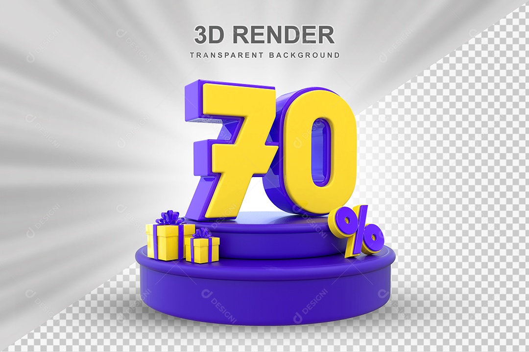 Pódio de Desconto 70% Roxo e Amarelo Elemento 3D para Composição PSD
