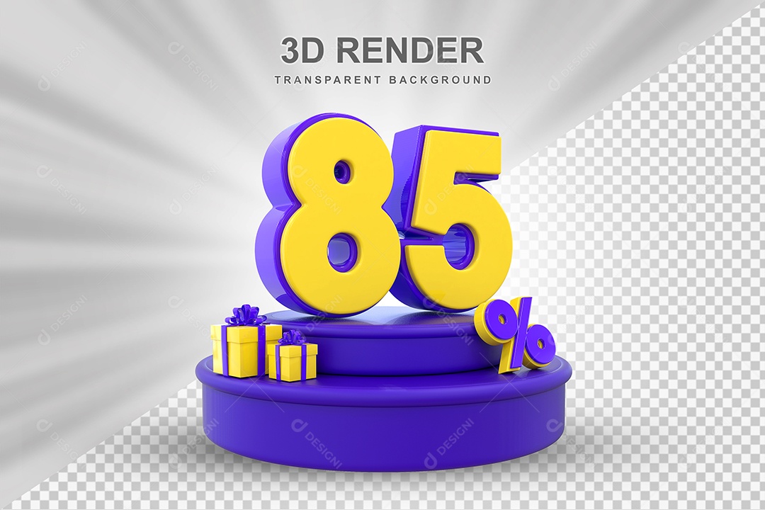 Pódio de Desconto 85% Roxo e Amarelo Elemento 3D para Composição PSD