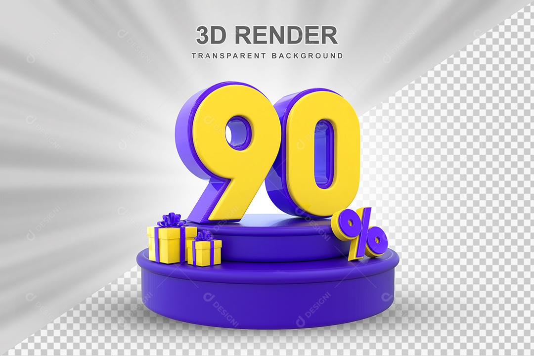 Pódio de Desconto 90% Roxo e Amarelo Elemento 3D para Composição PSD