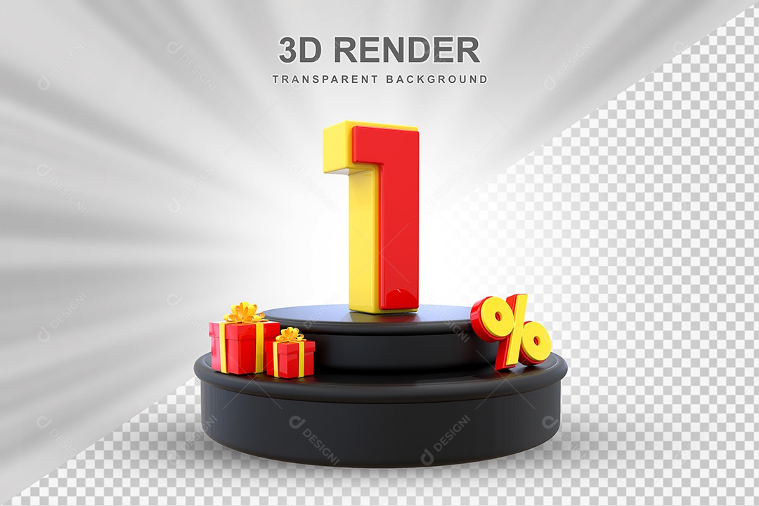 Pódio de Desconto 1% Vermelho e Amarelo Elemento 3D para Composição PSD