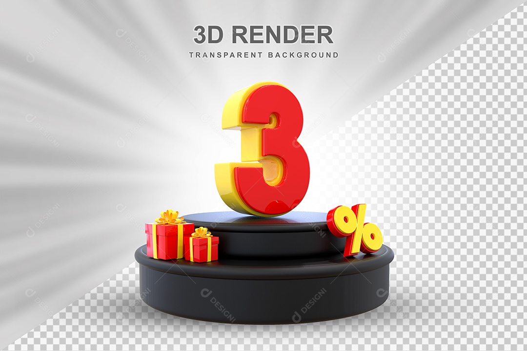 Pódio de Desconto 3% Vermelho e Amarelo Elemento 3D para Composição PSD