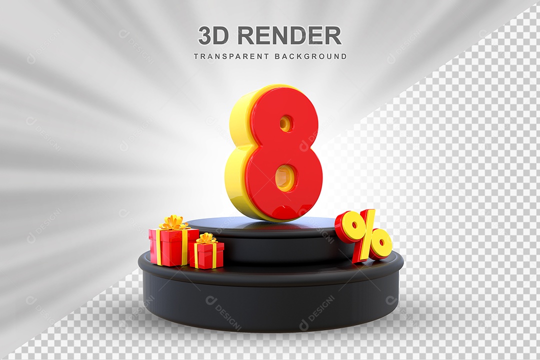 Pódio de Desconto 8% Vermelho e Amarelo Elemento 3D para Composição PSD