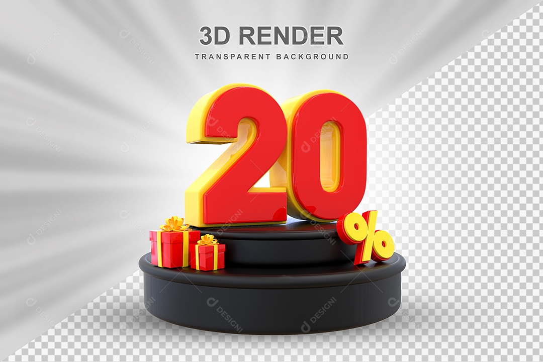 Pódio de Desconto 20% Vermelho e Amarelo Elemento 3D para Composição PSD