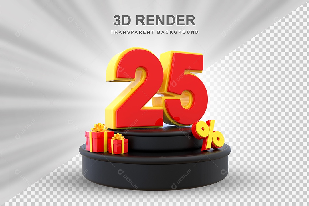 Pódio de Desconto 25% Vermelho e Amarelo Elemento 3D para Composição PSD