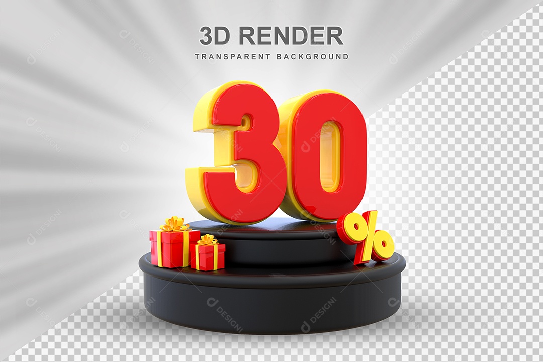 Pódio de Desconto 30% Vermelho e Amarelo Elemento 3D para Composição PSD