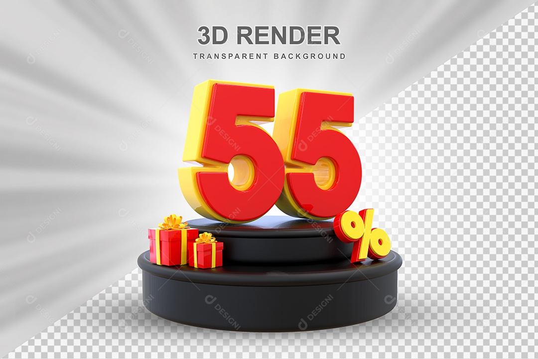 Pódio de Desconto 55% Vermelho e Amarelo Elemento 3D para Composição PSD