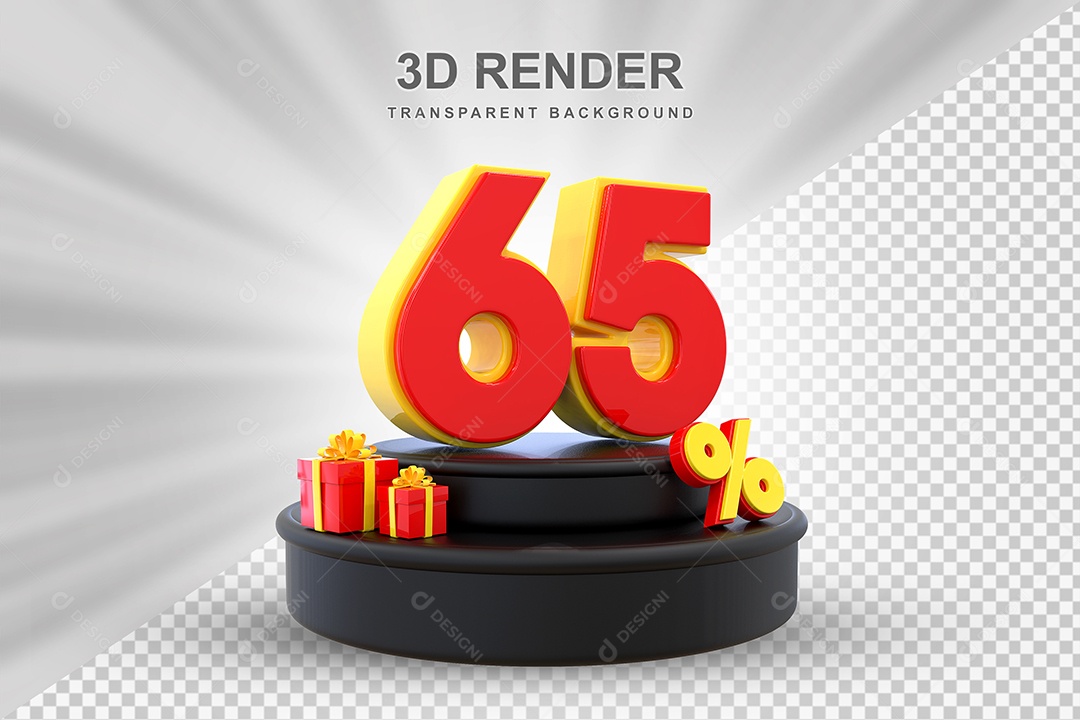 Pódio de Desconto 65% Vermelho e Amarelo Elemento 3D para Composição PSD