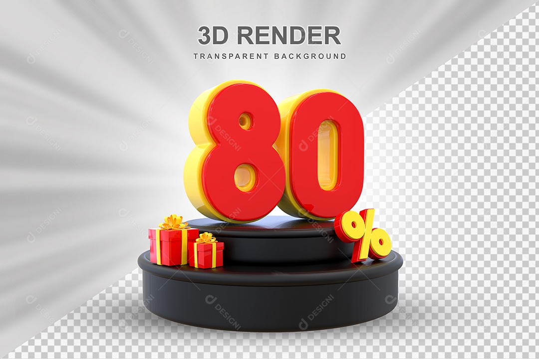 Pódio de Desconto 80% Vermelho e Amarelo Elemento 3D para Composição PSD